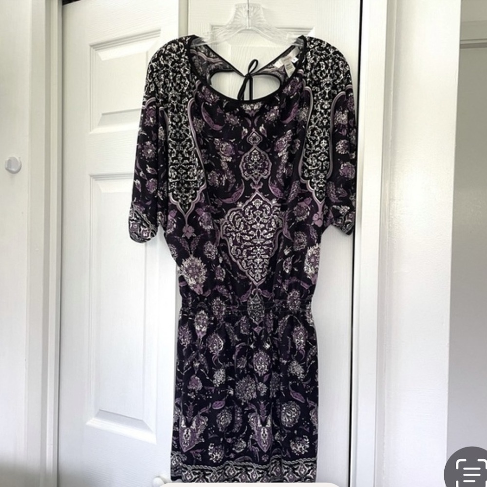 Studio M Elaborate Purple Floral Tie-back Loose Sleeve Dress Size M Smocked - Picture 14 of 16